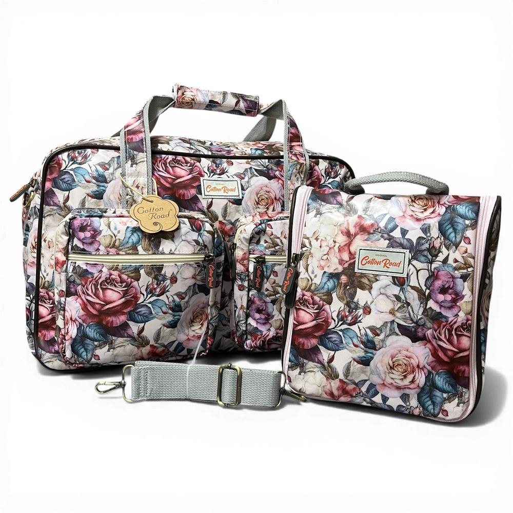 Cotton Road Travel Bag: PINK PVC Overnight Bag with ROSES and Matching Vanity Bag
