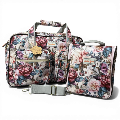 Cotton Road Travel Bag: PINK PVC Overnight Bag with ROSES and Matching Vanity Bag