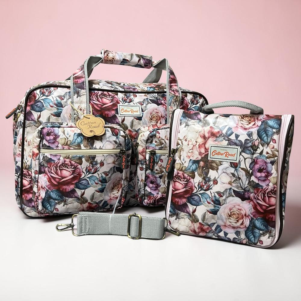 Cotton Road Travel Bag: PINK PVC Overnight Bag with ROSES and Matching Vanity Bag