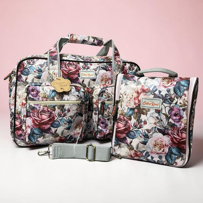 Cotton Road Travel Bag: PINK PVC Overnight Bag with ROSES and Matching Vanity Bag
