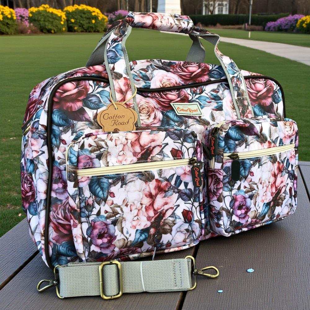 Cotton Road Travel Bag: PINK PVC Overnight Travel Bag with ROSES