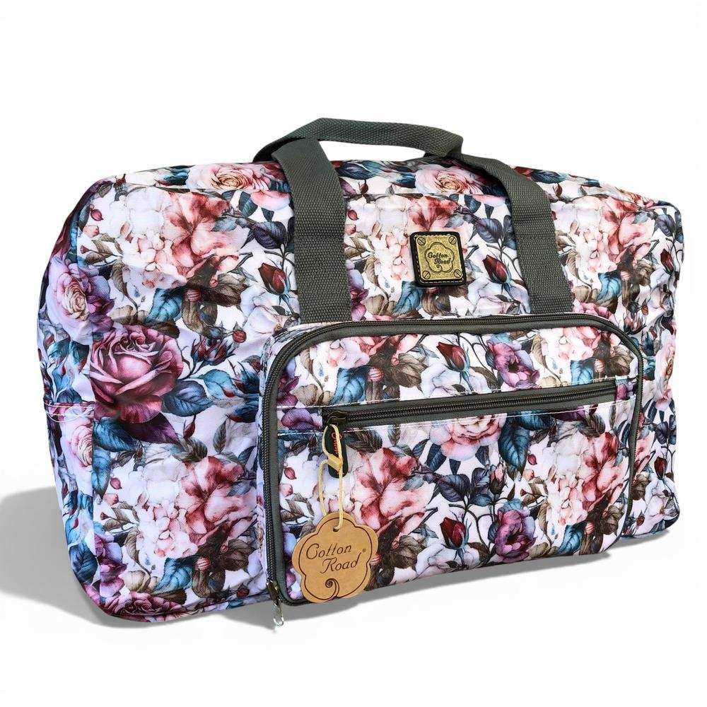 Cotton Road Travel Bag: PINK ROSES PVC Foldaway WEEKENDER Travel Bag on white