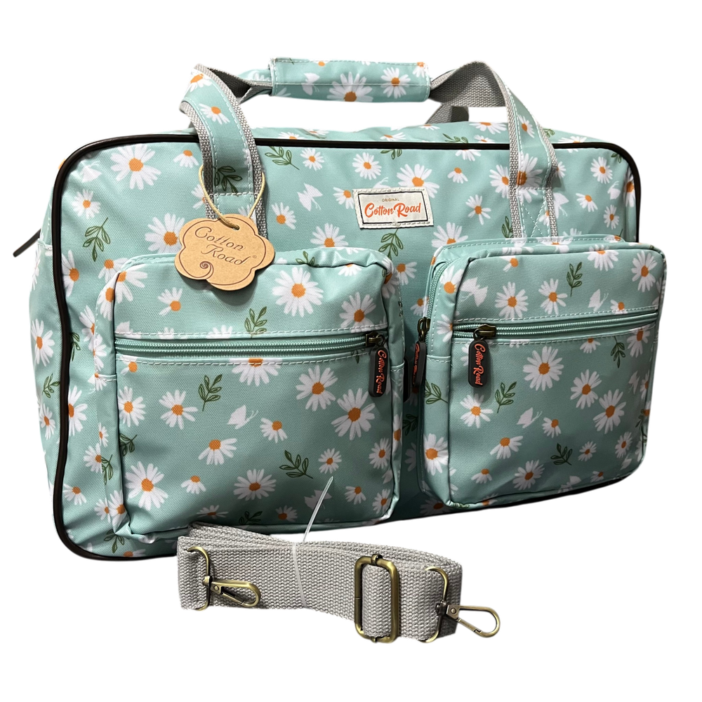 Cotton Road Travel Bag: TURQUOISE DAISIES Print PVC Overnight Bag and Matching Vanity Bag