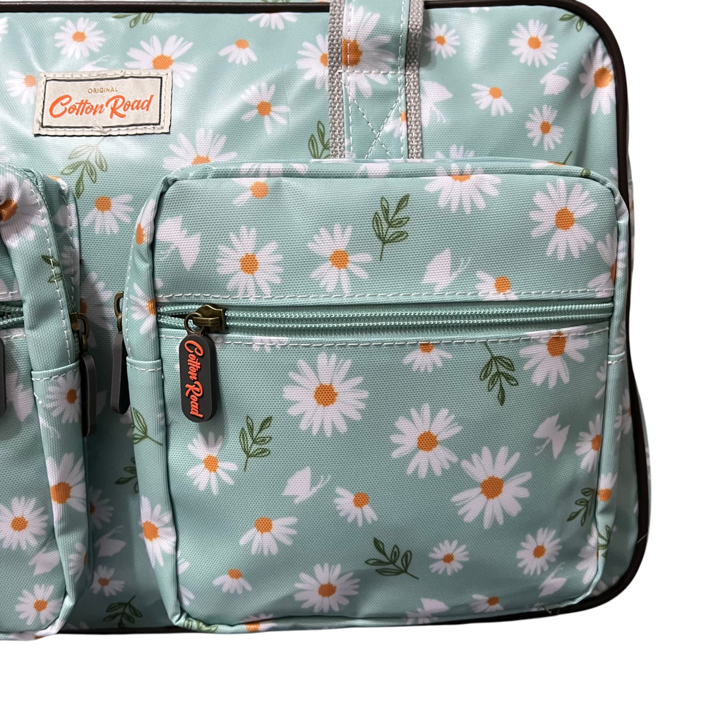 Cotton Road Travel Bag: TURQUOISE DAISIES Print PVC Overnight Bag and Matching Vanity Bag