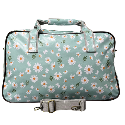 Cotton Road Travel Bag: TURQUOISE DAISIES Print PVC Overnight Bag and Matching Vanity Bag