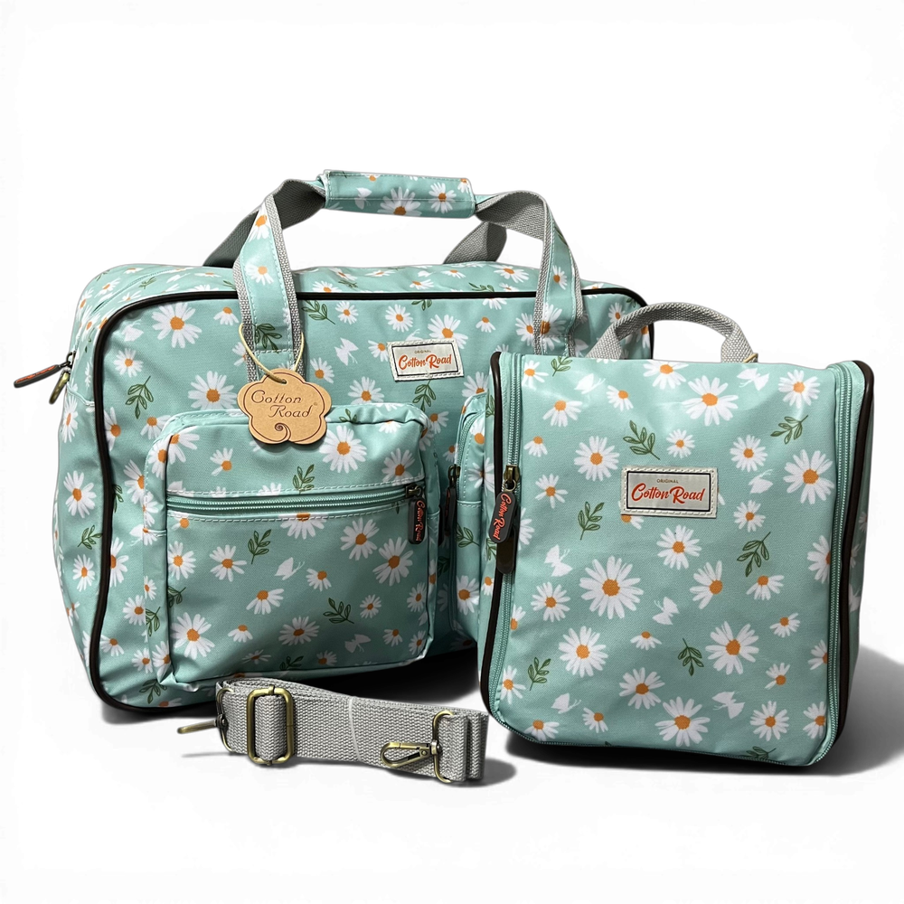 Cotton Road Travel Bag: TURQUOISE DAISIES Print PVC Overnight Bag and Matching Vanity Bag