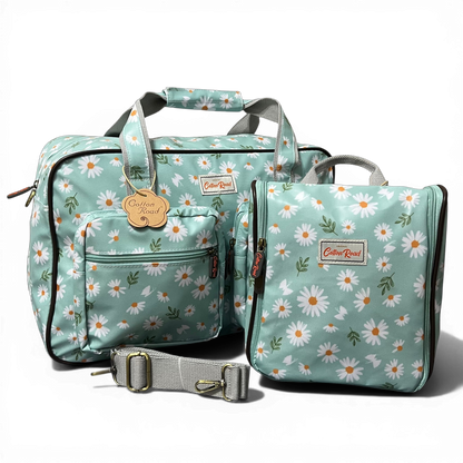 Cotton Road Travel Bag: TURQUOISE DAISIES Print PVC Overnight Bag and Matching Vanity Bag