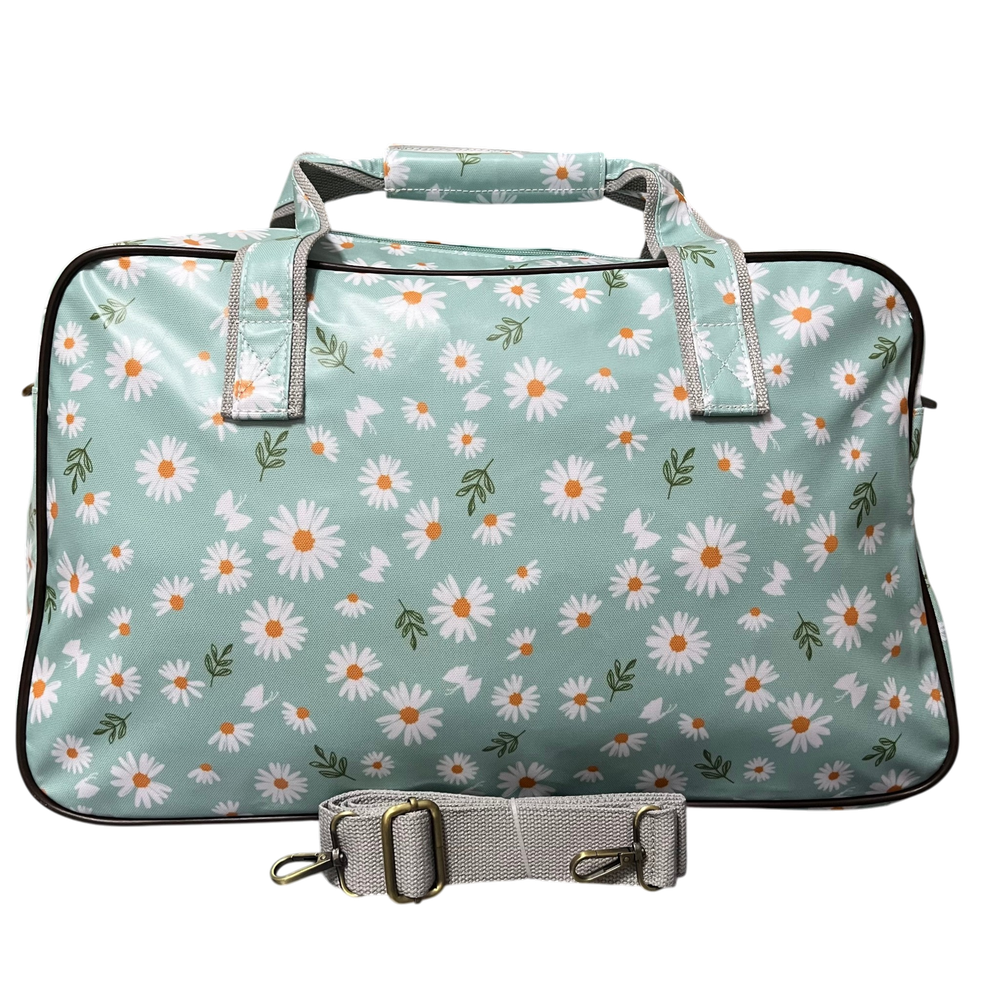 Cotton Road Travel Bag: TURQUOISE DAISIES Print PVC Overnight Bag and Matching Vanity Bag BACK VIEW