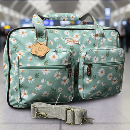 Cotton Road Travel Bag: TURQUOISE DAISIES Print PVC Overnight Bag and Matching Vanity Bag SET