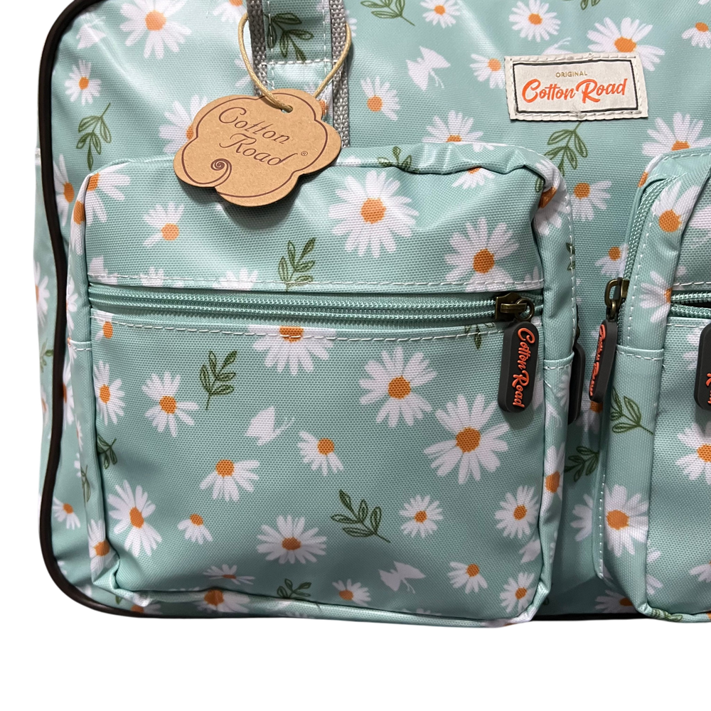 Cotton Road Travel Bag: TURQUOISE DAISIES Print PVC Overnight Bag and Matching Vanity Bag ZOOMED