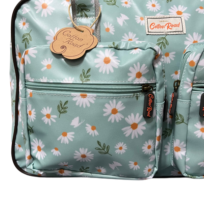 Cotton Road Travel Bag: TURQUOISE DAISIES Print PVC Overnight Bag and Matching Vanity Bag ZOOMED