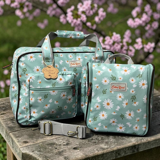 Cotton Road Travel Bag: TURQUOISE DAISIES Print PVC Overnight Bag and Matching Vanity Bag