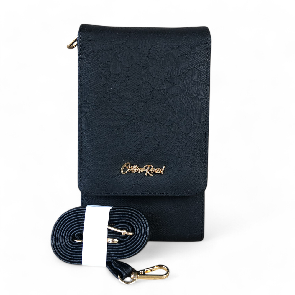 Cotton Road Wallet: BLACK PU Leather Cellphone Sling Bag/Wallet with LACE Print