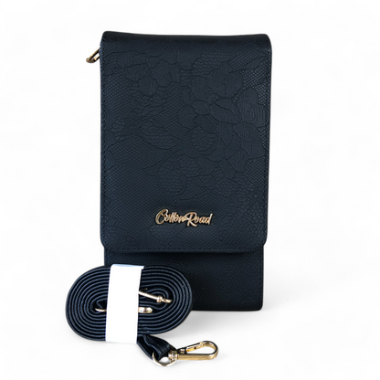 Cotton Road Wallet: BLACK PU Leather Cellphone Sling Bag/Wallet with LACE Print