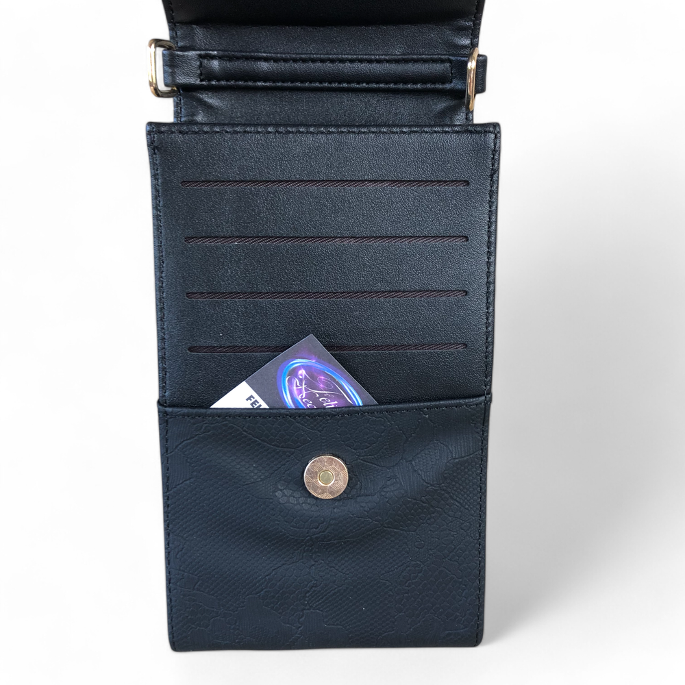 Cotton Road Wallet: BLACK PU Leather Cellphone Sling Bag/Wallet with LACE Print
