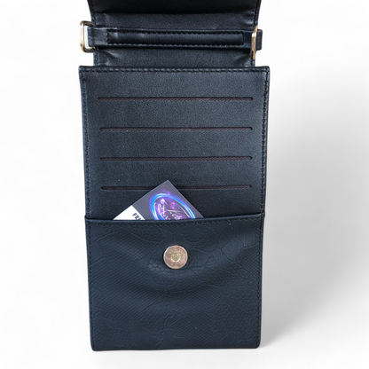 Cotton Road Wallet: BLACK PU Leather Cellphone Sling Bag/Wallet with LACE Print