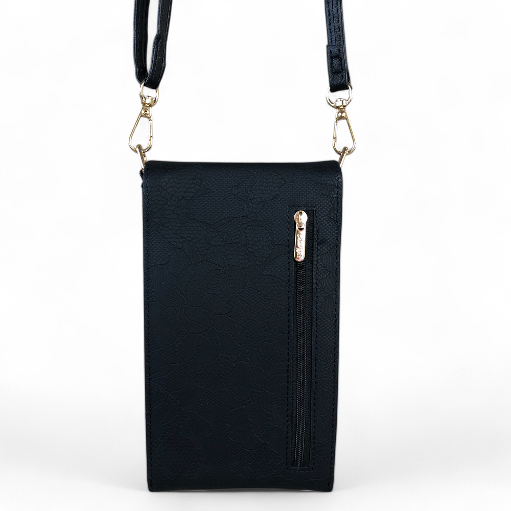 Cotton Road Wallet: BLACK PU Leather Cellphone Sling Bag/Wallet with LACE Print
