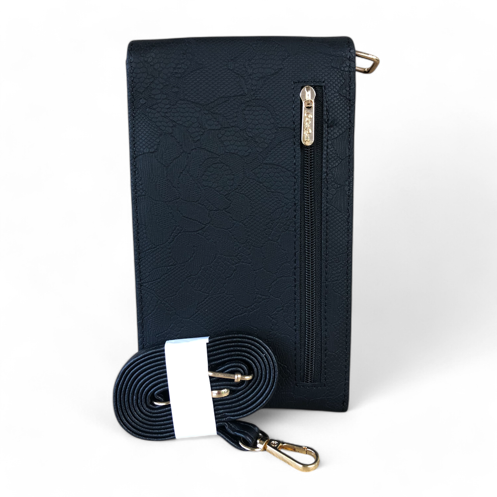 Cotton Road Wallet: BLACK PU Leather Cellphone Sling Bag/Wallet with LACE Print