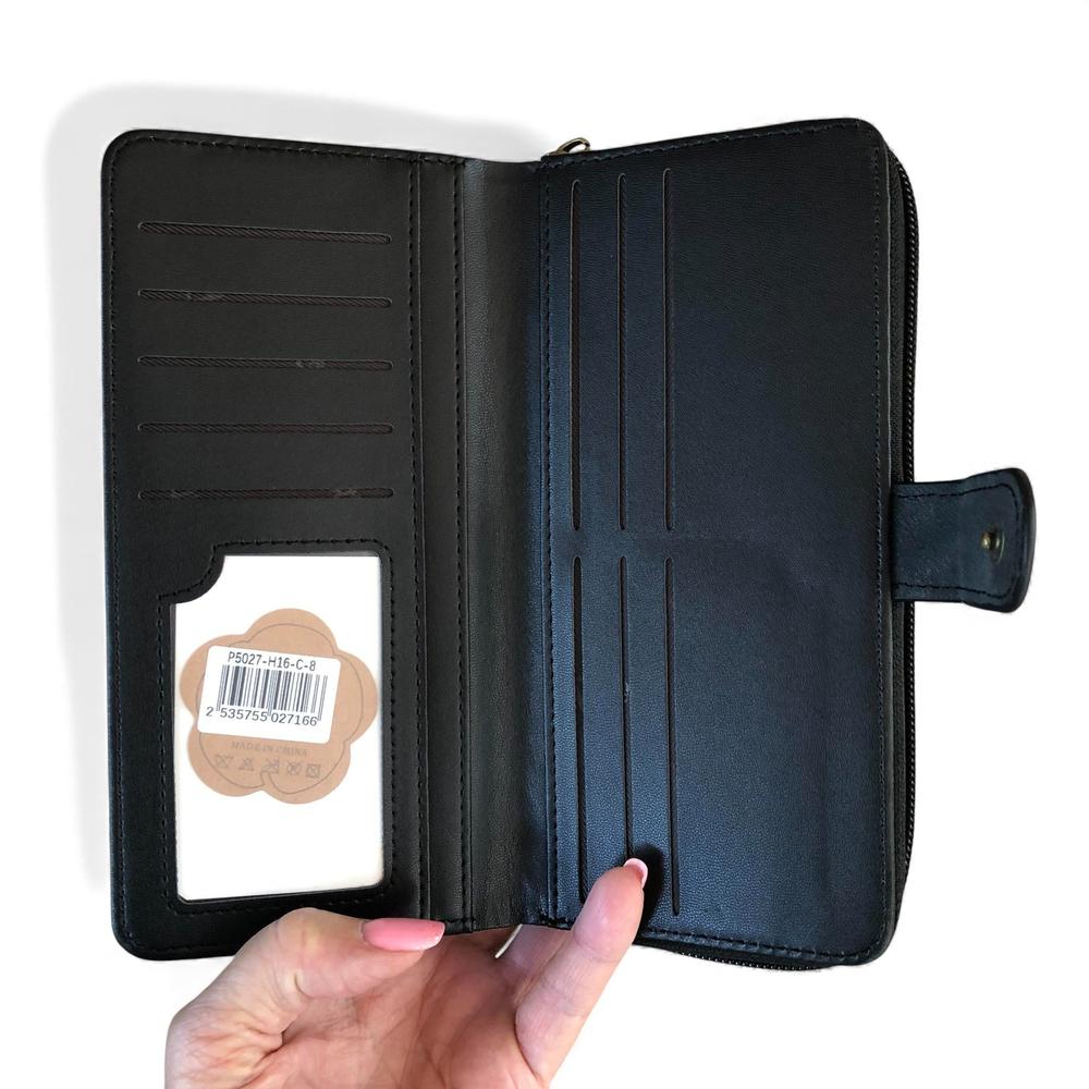 Cotton Road Wallet: Large BLACK PU Leather Wallet with EMBOSSED Print