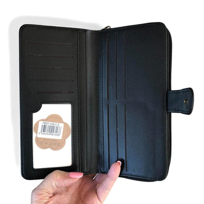 Cotton Road Wallet: Large BLACK PU Leather Wallet with EMBOSSED Print