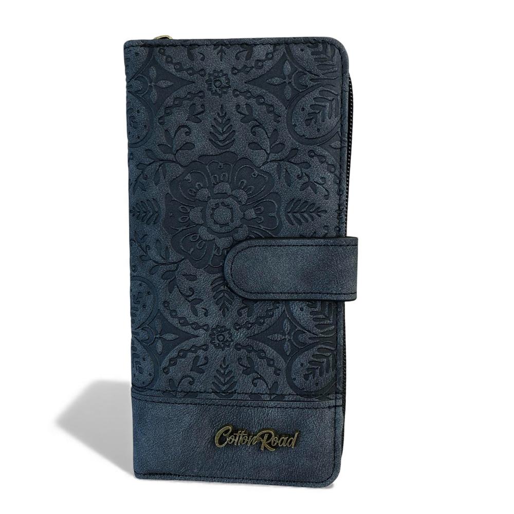 Cotton Road Wallet: Large BLACK PU Leather Wallet with EMBOSSED Print
