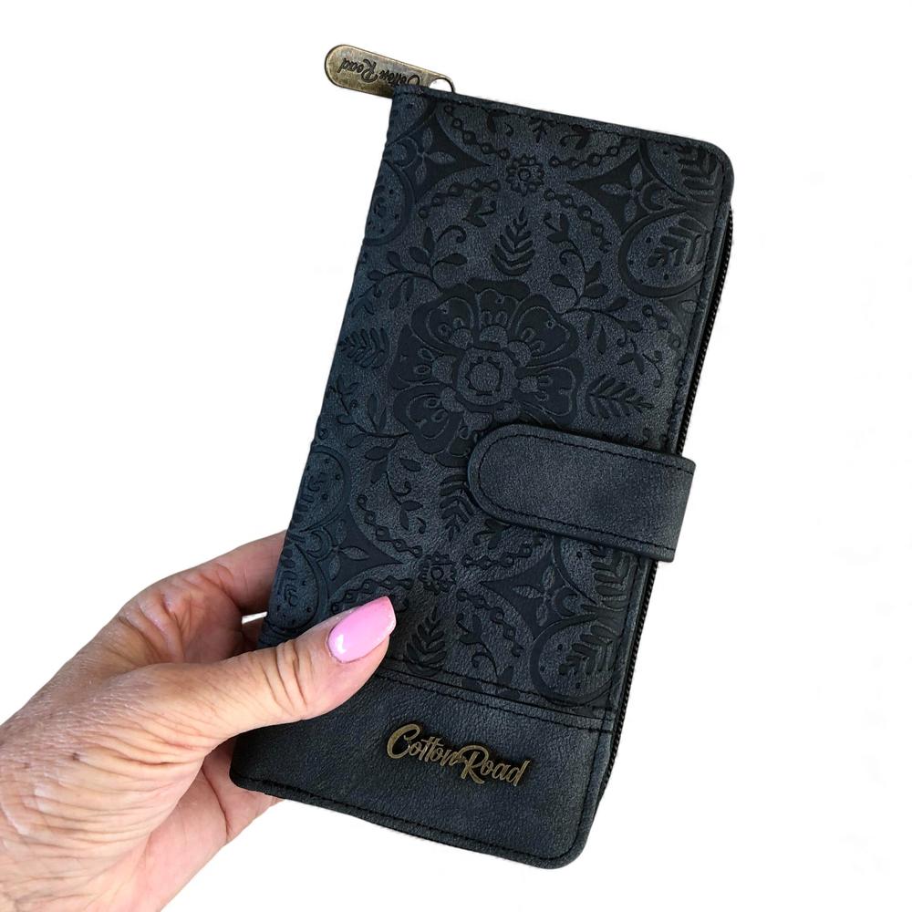 Cotton Road Wallet: Large BLACK PU Leather Wallet with EMBOSSED Print