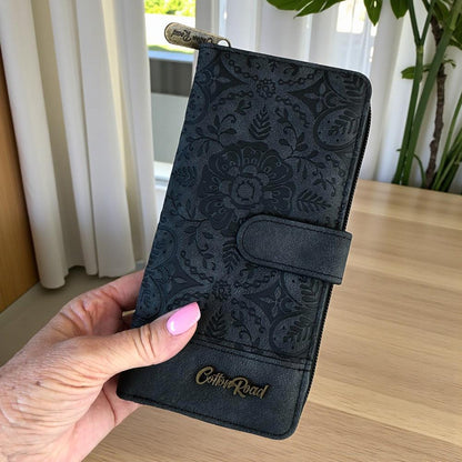 Cotton Road Wallet: Large BLACK PU Leather Wallet with EMBOSSED Print