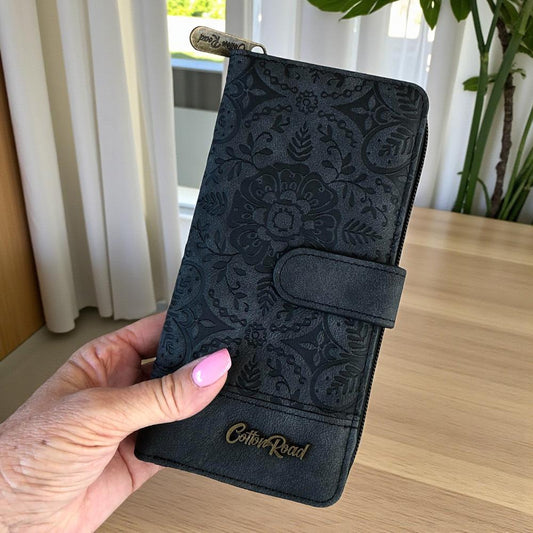 Cotton Road Wallet: Large BLACK PU Leather Wallet with EMBOSSED Print
