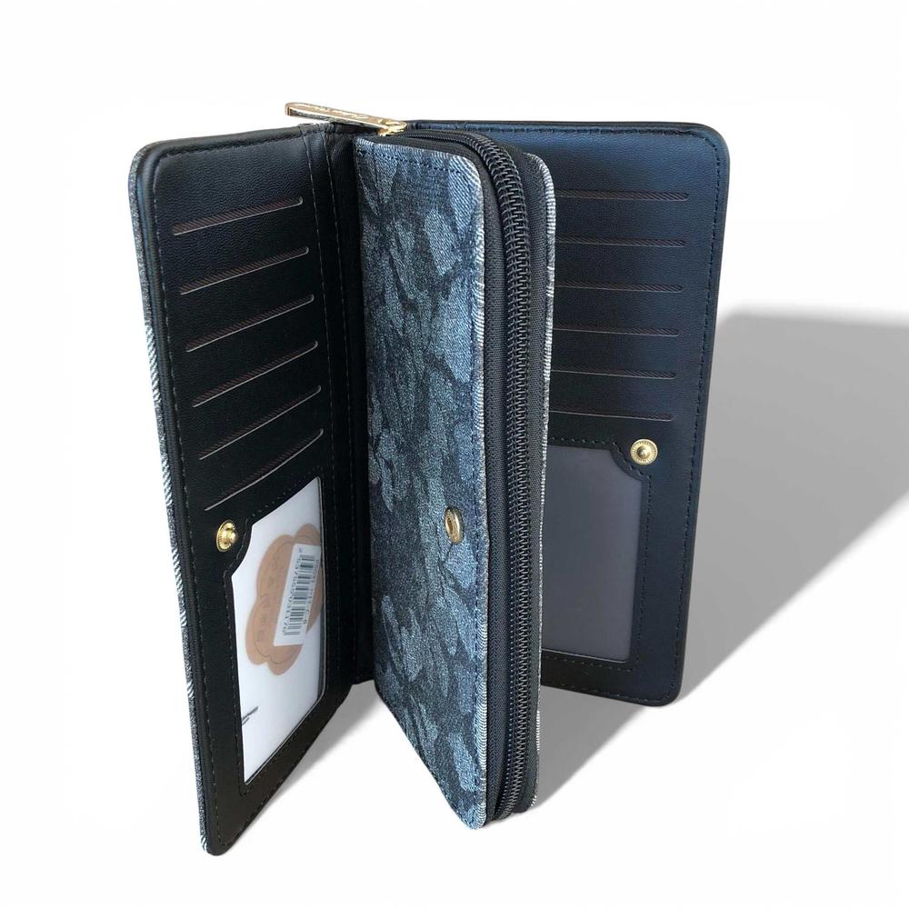 Cotton Road Wallet: Large BLACK PU Leather Wallet with FLORAL detailing