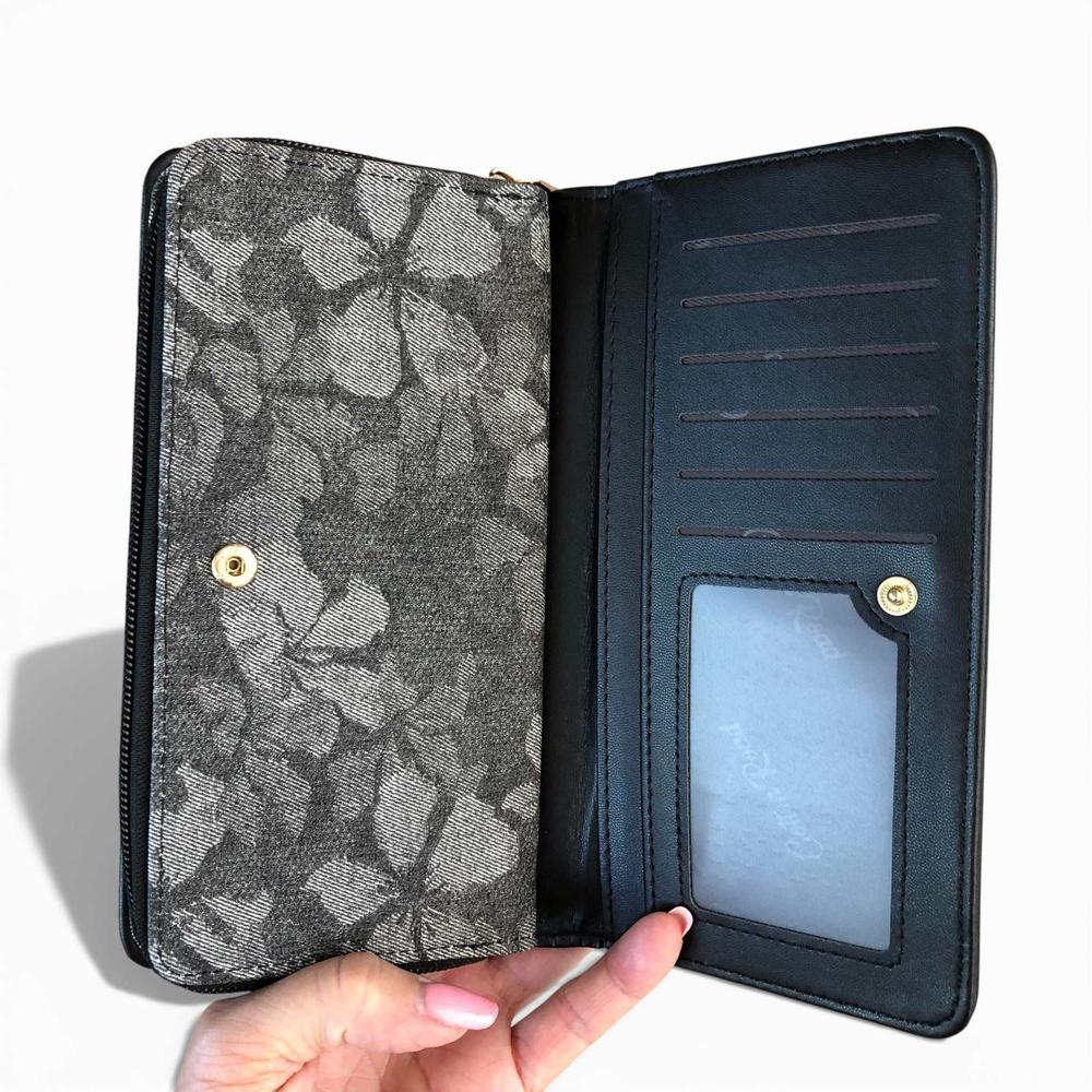 Cotton Road Wallet: Large BLACK PU Leather Wallet with FLORAL detailing