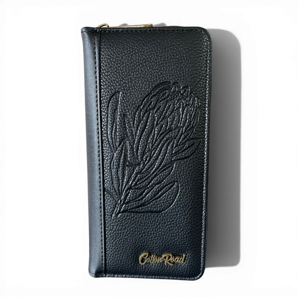 Cotton Road Wallet: Large BLACK PU Leather with PROTEA Design