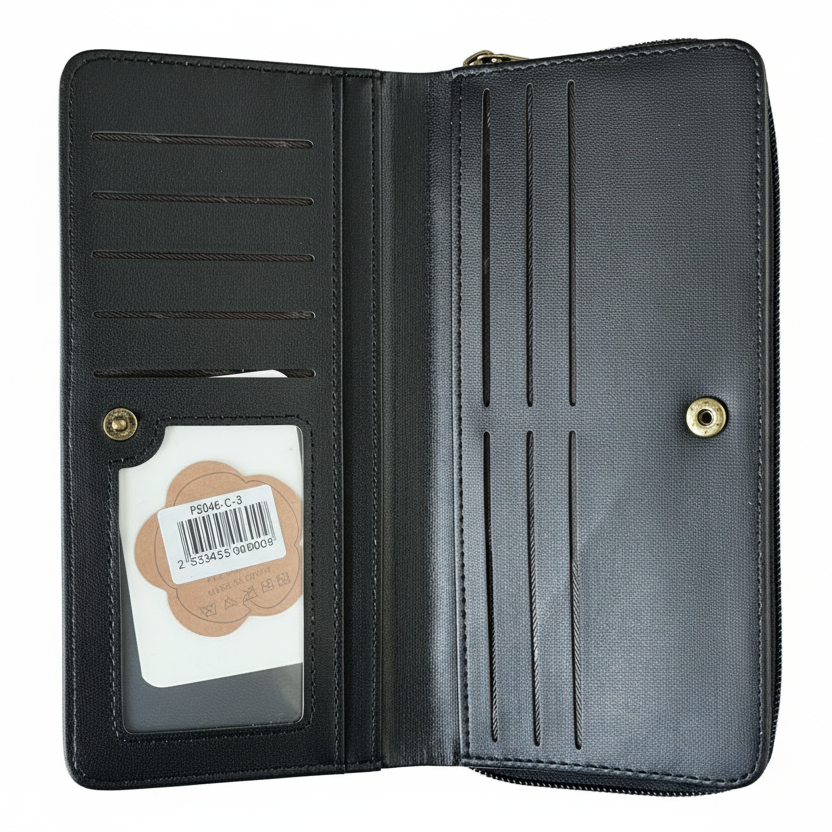 Cotton Road Wallet: Large BLACK PU Leather with PROTEA Design OPEN