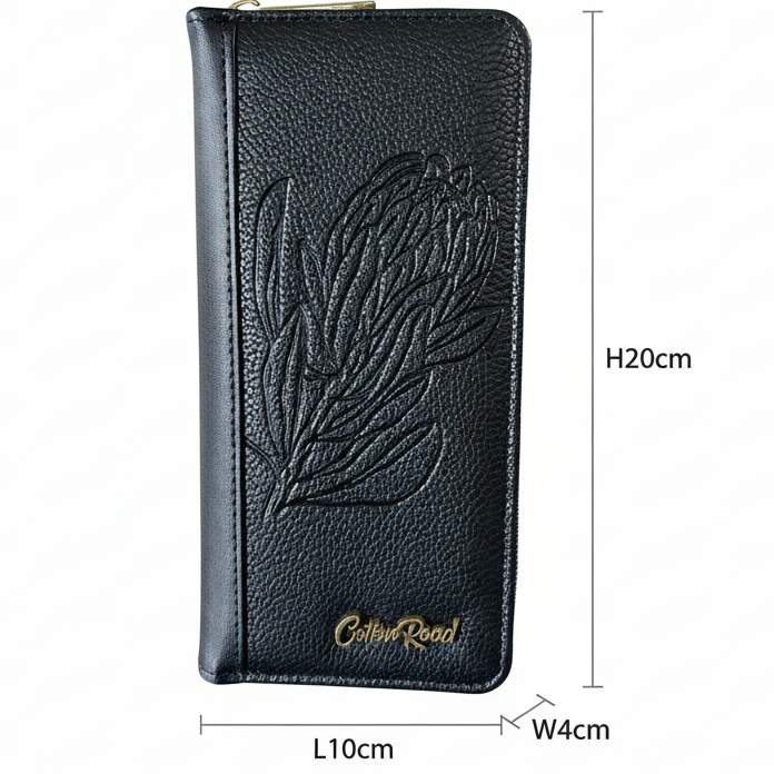 Cotton Road Wallet: Large BLACK PU Leather with PROTEA Design SIZED
