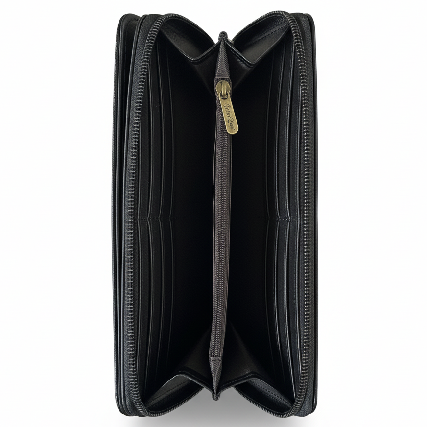 Cotton Road Wallet: Large BLACK PU Leather with PROTEA Design