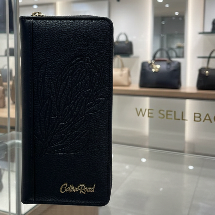 Cotton Road Wallet: Large BLACK PU Leather with PROTEA Design DISPLAY