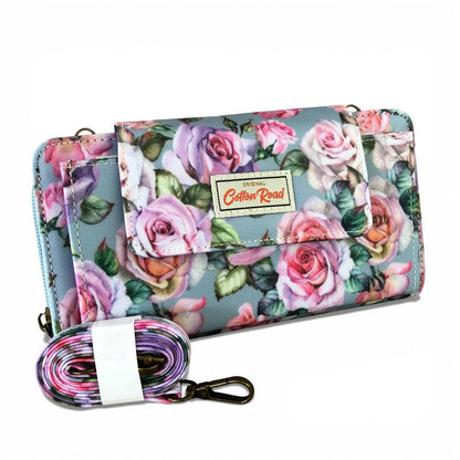 Cotton Road Wallet: Large BLUE FLORAL PVC Cellphone Sling Wallet