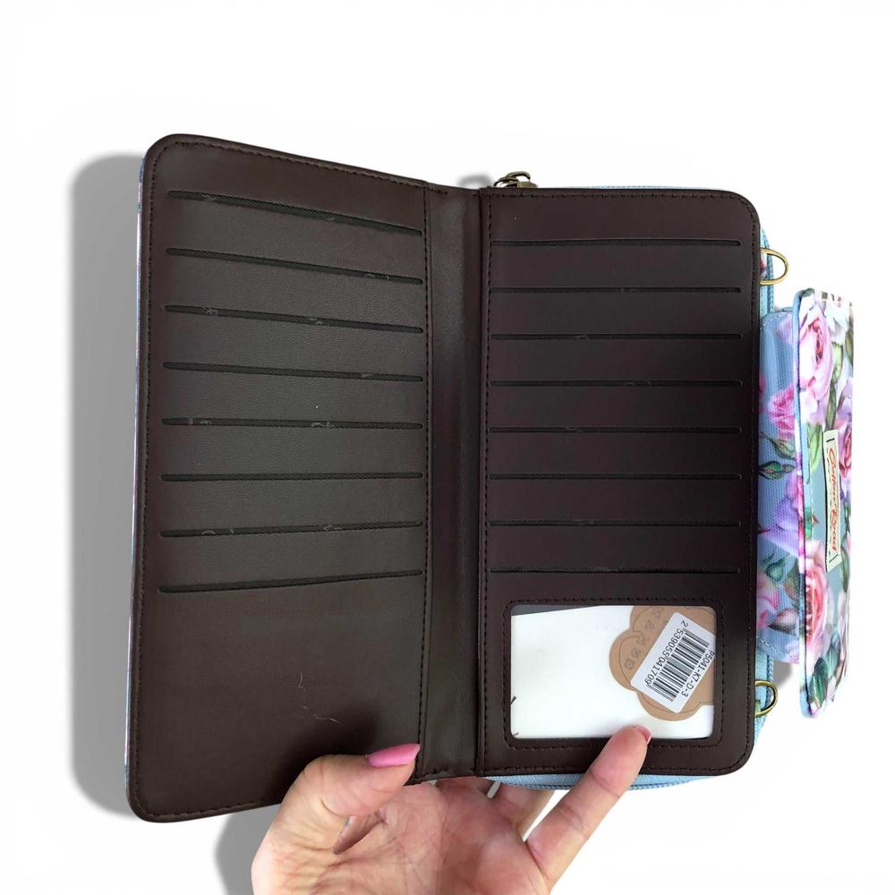 Cotton Road Wallet: Large BLUE FLORAL PVC Cellphone Sling Wallet card department open view on white background