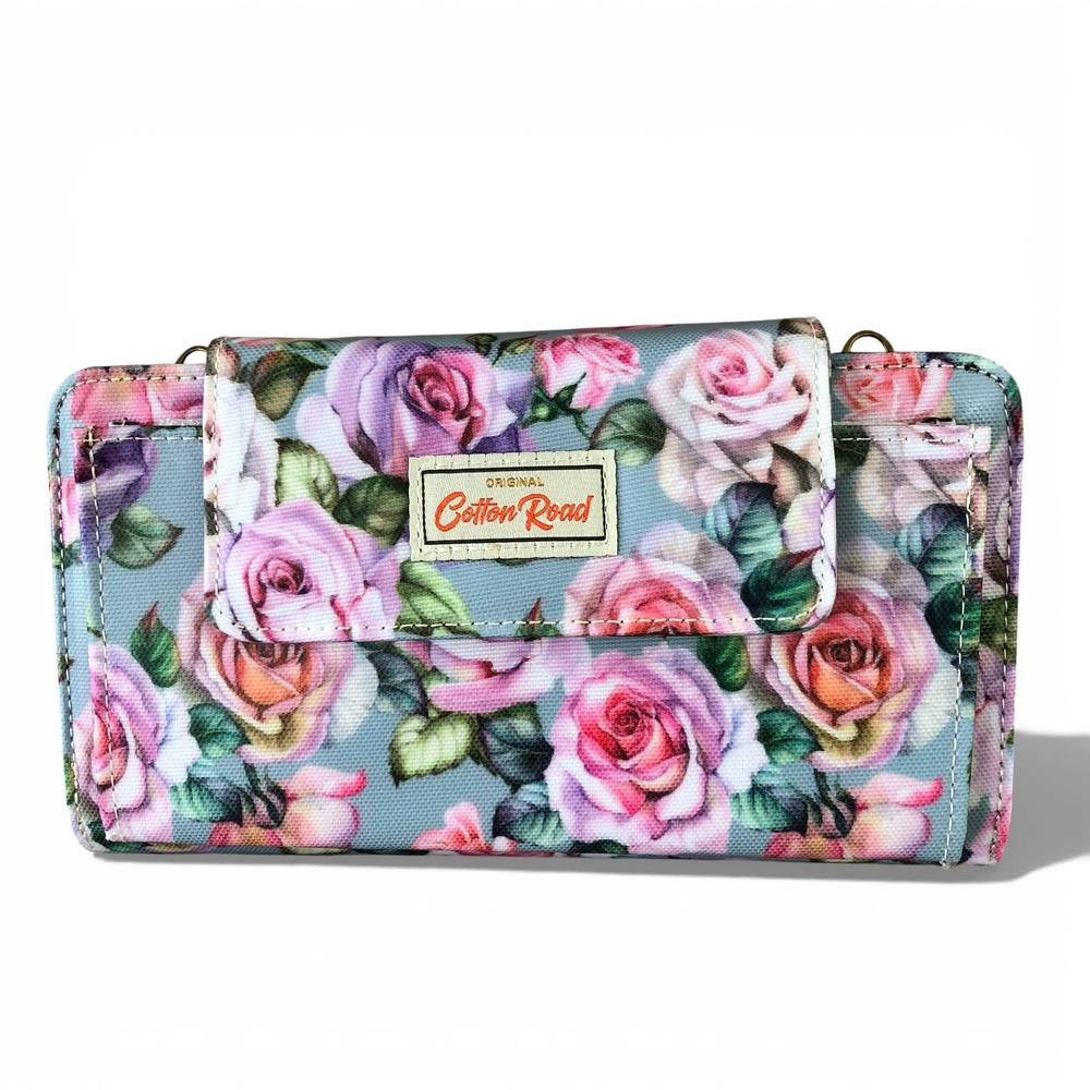 Cotton Road Wallet: Large BLUE FLORAL PVC Cellphone Sling Wallet front view