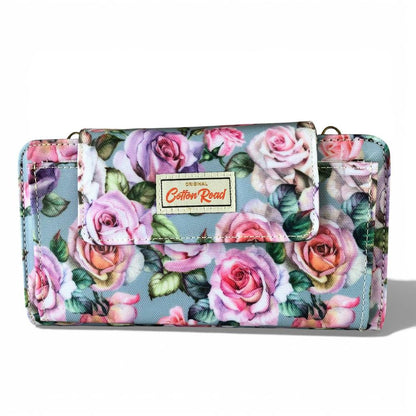 Cotton Road Wallet: Large BLUE FLORAL PVC Cellphone Sling Wallet front view