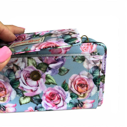 Cotton Road Wallet: Large BLUE FLORAL PVC Cellphone Sling Wallet near view