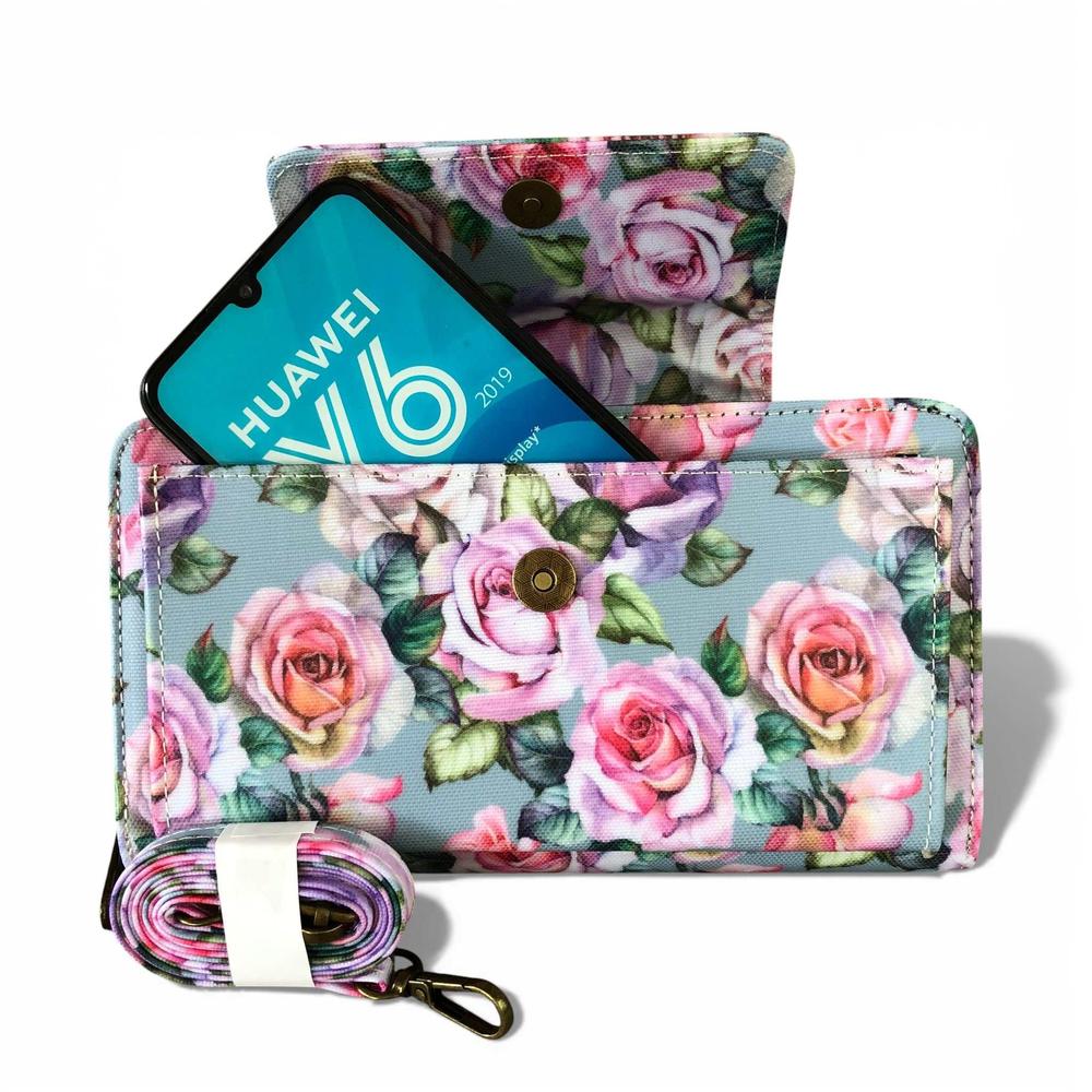 Cotton Road Wallet: Large BLUE FLORAL PVC Cellphone Sling Wallet on white background