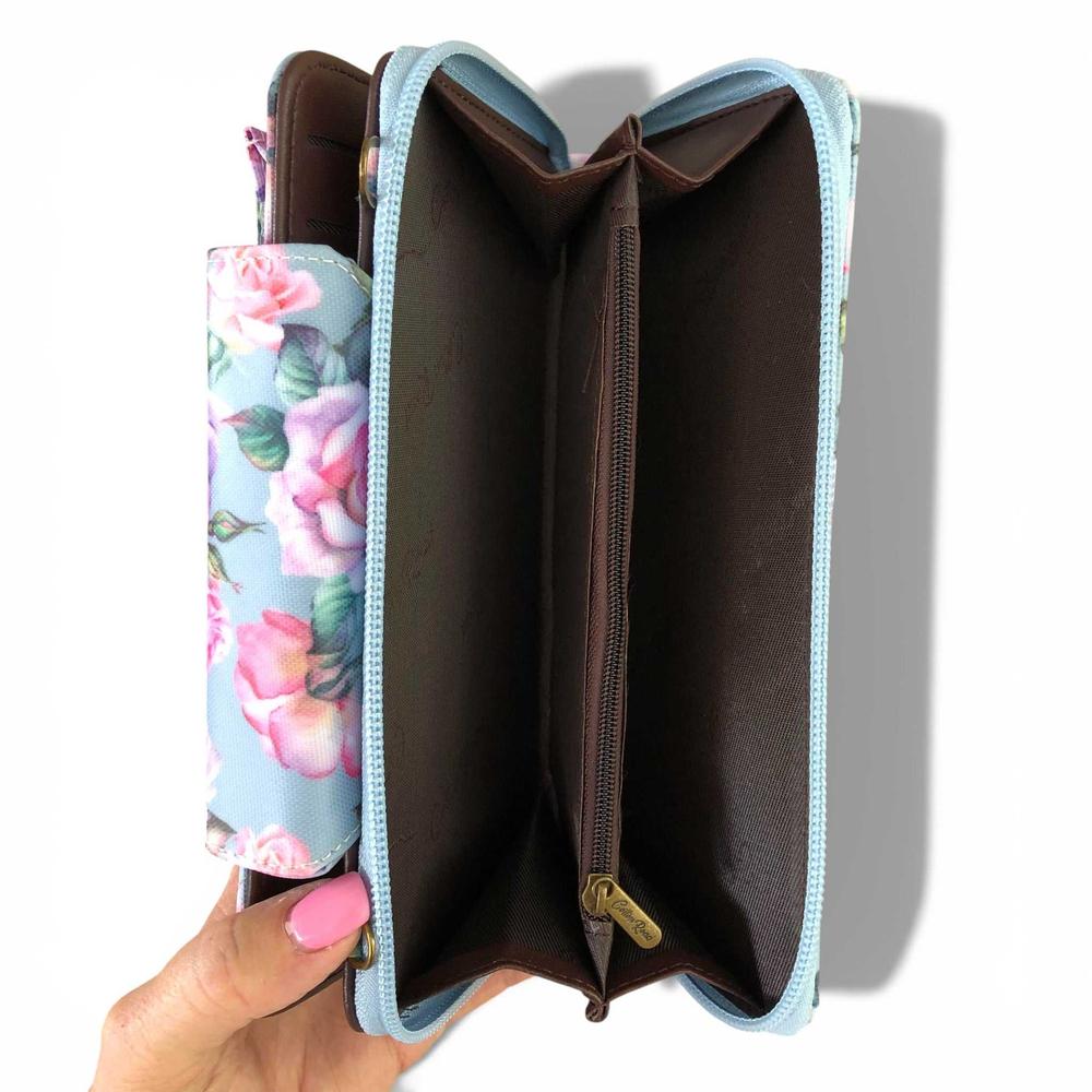 Cotton Road Wallet: Large BLUE FLORAL PVC Cellphone Sling Wallet open