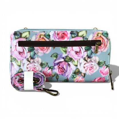 Cotton Road Wallet: Large BLUE FLORAL PVC Cellphone Sling Wallet with band