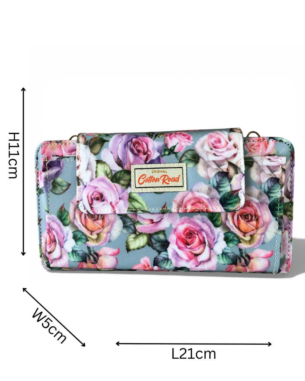 Cotton Road Wallet: Large BLUE FLORAL PVC Cellphone Sling Wallet with size indicated