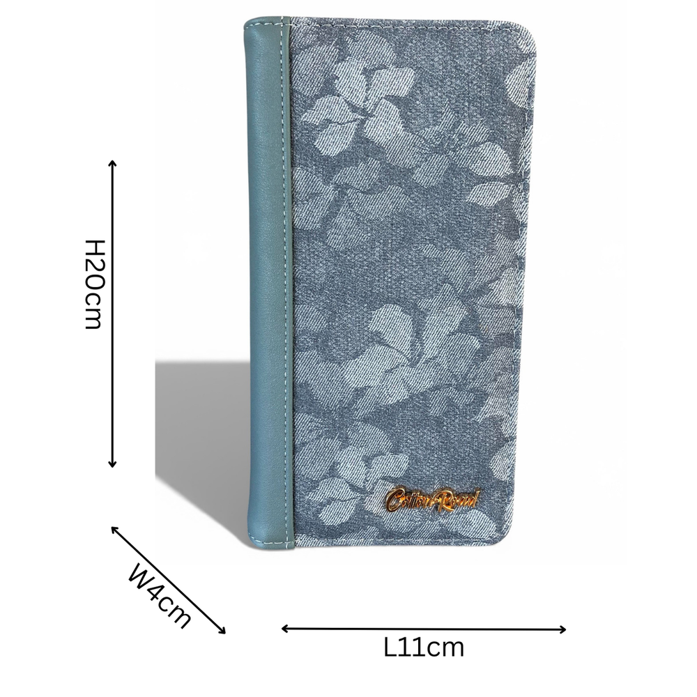 Cotton Road Handbag blue floral PU leather handbag with matching wallet set showcasing elegant dual handles and multiple zippered compartments