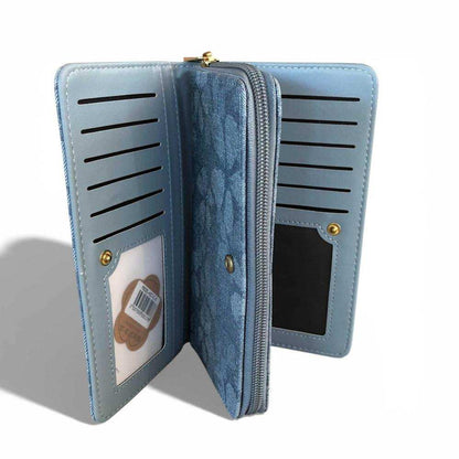 Cotton Road Handbag blue floral PU leather handbag and matching wallet set with dual handles and zippered compartments