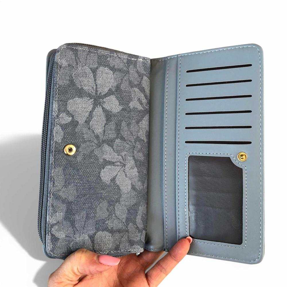 Cotton Road Handbag blue floral PU leather handbag and matching wallet set with dual handles and zippered compartments
