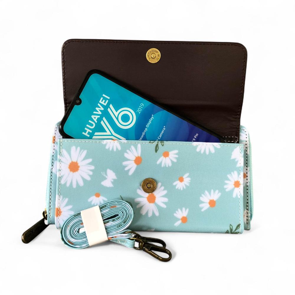 Cotton Road Wallet: Large BLUE PVC Cellphone Sling Wallet with DAISIES