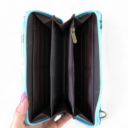 Cotton Road Wallet: Large BLUE PVC Cellphone Sling Wallet with DAISIES