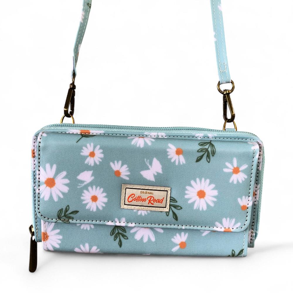 Cotton Road Wallet: Large BLUE PVC Cellphone Sling Wallet with DAISIES